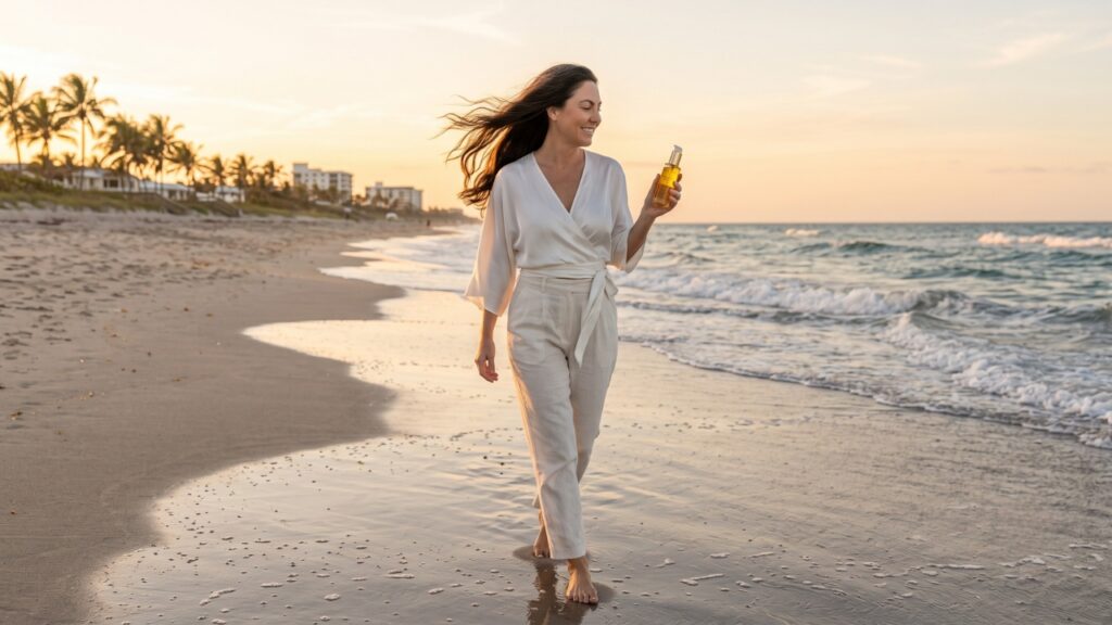 Woman walking along the beach holding a professional hair serum after a salon hair treatment, showcasing healthy, shiny hair in Jensen Beach, FL.
