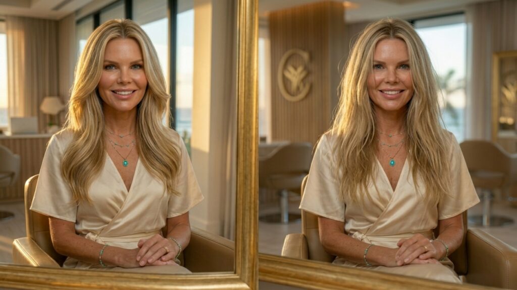 Before and after comparison showing a fresh professional haircut with smooth, defined layers versus an overdue haircut with grown-out shape, reduced volume, and heavier texture in a luxury Jensen Beach salon.