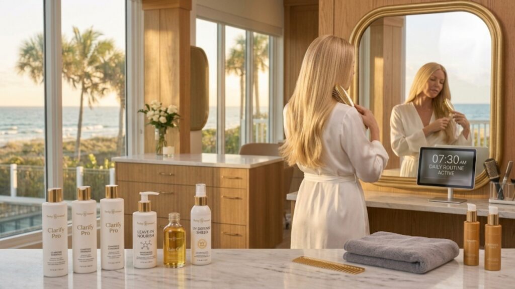Woman following a daily hair care routine with professional leave-in and UV protection products for healthy, shiny hair at home after a salon treatment in Jensen Beach, FL.