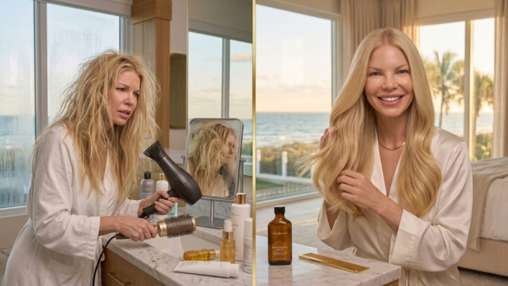 Before and after results of a professional frizz control and smoothing hair treatment showing dry, frizzy hair transformed into sleek, shiny, healthy-looking hair at Parlay Hair & Beauty in Jensen Beach, FL.