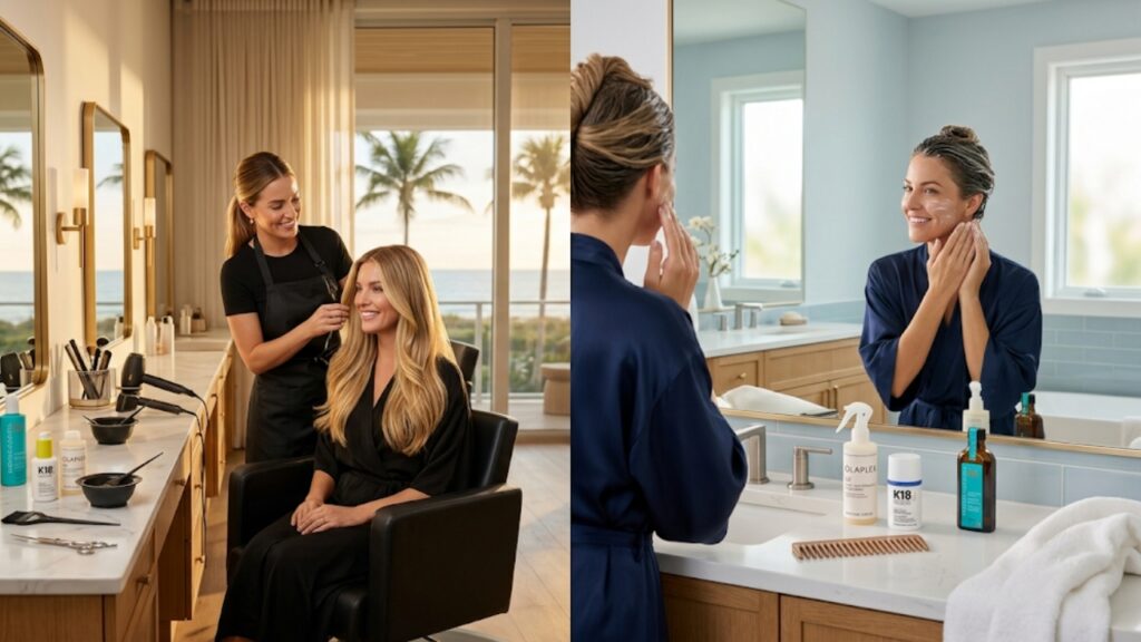 A split-scene image comparing a professional salon hair service on the left with an at-home hair care routine on the right. Left: A hairstylist works on a smiling client’s long blonde hair inside a luxury coastal salon with ocean views. Right: A woman in a blue robe applies a hair mask in a bright bathroom with products like K18 and Olaplex on the marble counter.