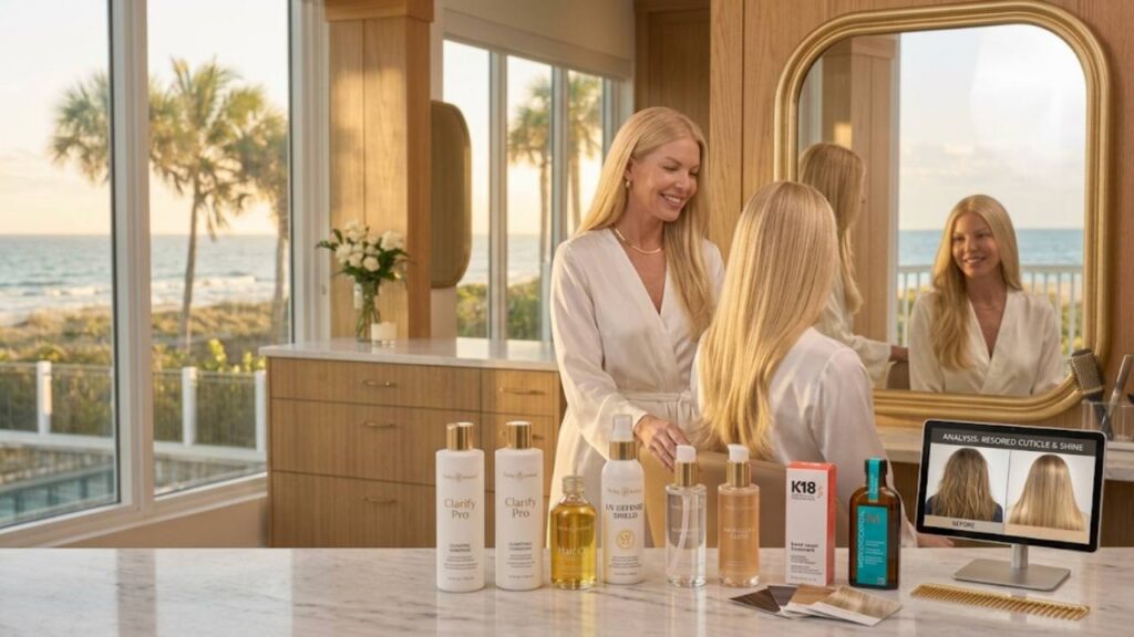 Hair smoothing treatment consultation with before-and-after results and professional hair care products at Parlay Hair & Beauty in Jensen Beach, FL.