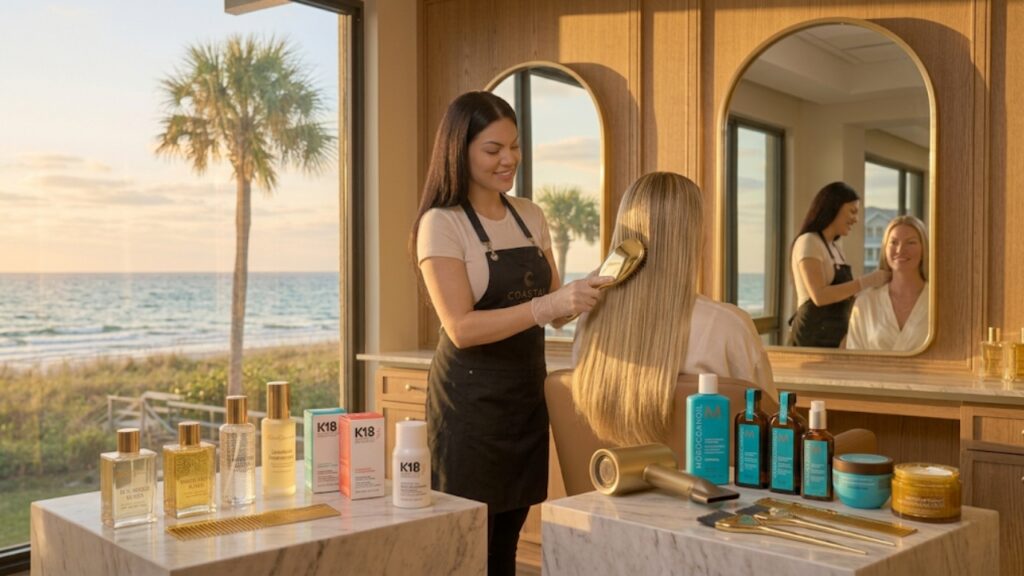 Professional hairstylist showcasing healthy, glossy blonde hair during a luxury hair consultation at Parlay Hair & Beauty in Jensen Beach, Florida.
