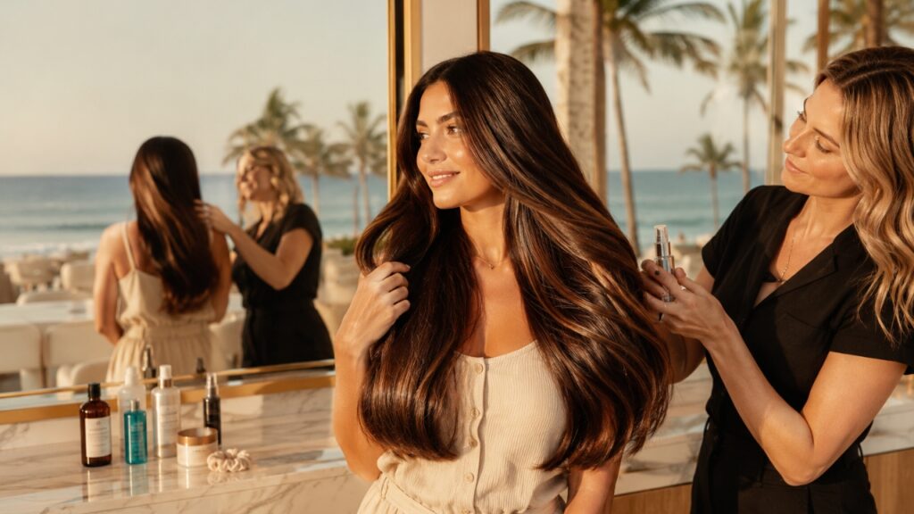 Luxury hair care treatment in a premium Jensen Beach salon showcasing glossy healthy hair after professional styling and shine-enhancing products.