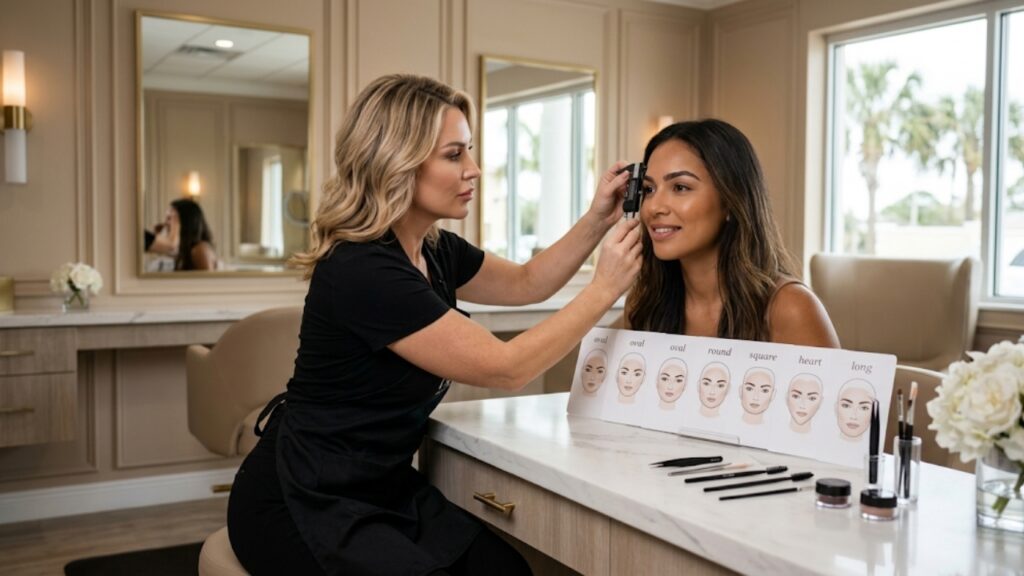 A professional brow artist measures a client's facial symmetry and eyebrow proportions with a caliper next to a face shape reference guide in a luxury salon.