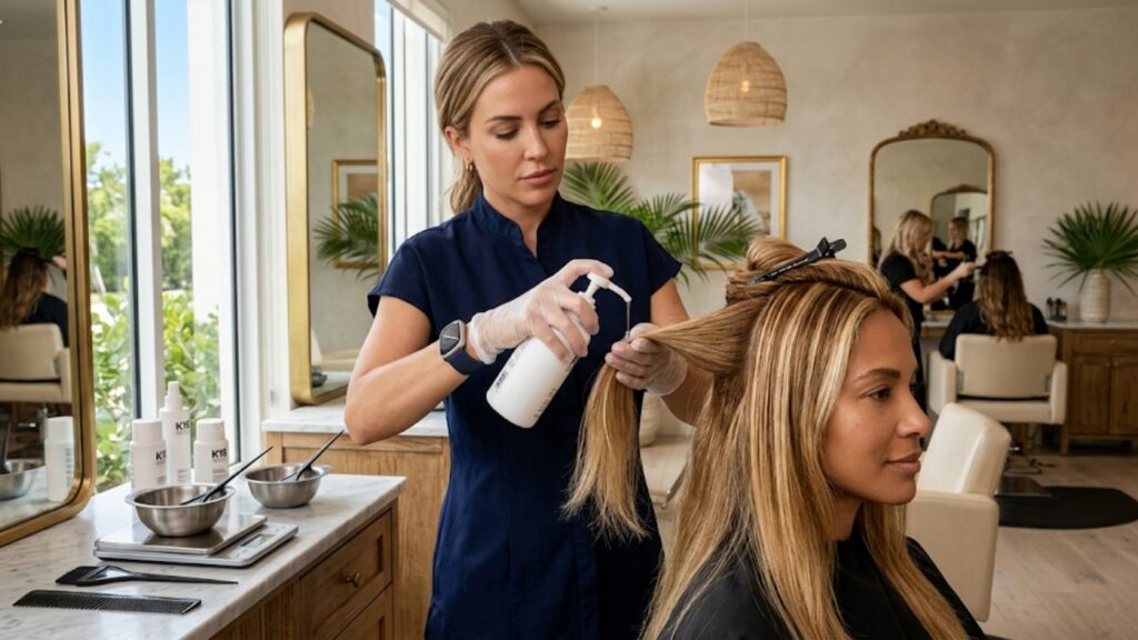 Professional hairdresser trimming and styling a client's layered blowout haircut at a luxury hair salon station.