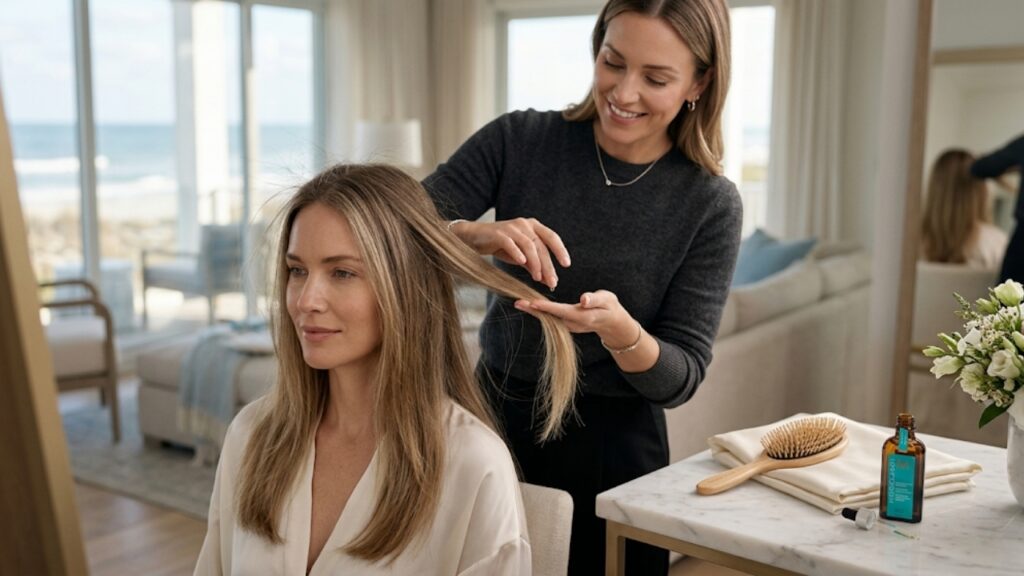 Professional hairstylist brushing a client's hair during a winter hair care treatment in a luxury salon.