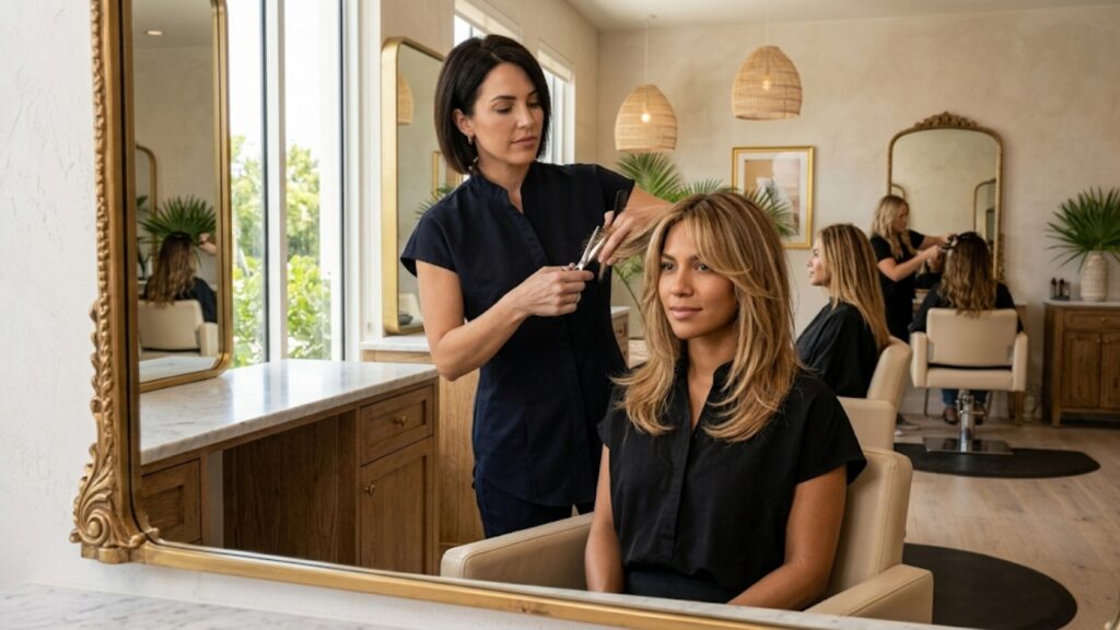 Professional hairdresser trimming and styling a client's layered blowout haircut at a luxury hair salon station.