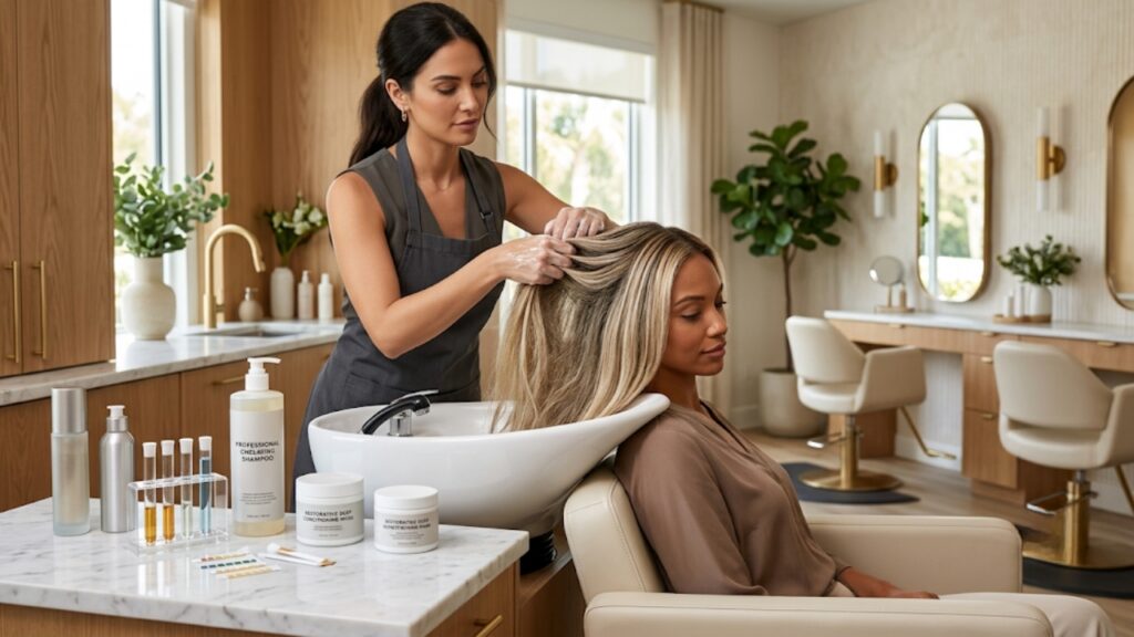Professional hairstylist performing a chelating hair treatment on a blonde client to remove hard-water mineral buildup in a luxury salon