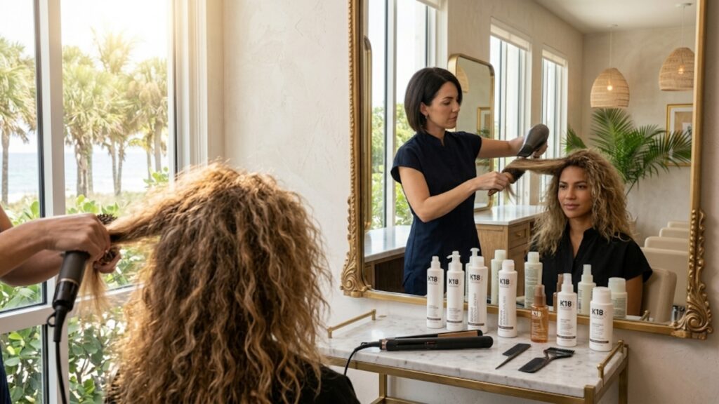 Professional blowout and hair styling service using premium K18 hair products at an upscale coastal salon station.