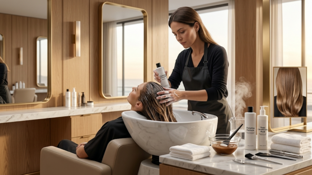 Woman looking in vanity mirror with hair care products on marble counter and ocean view in Jensen Beach Florida