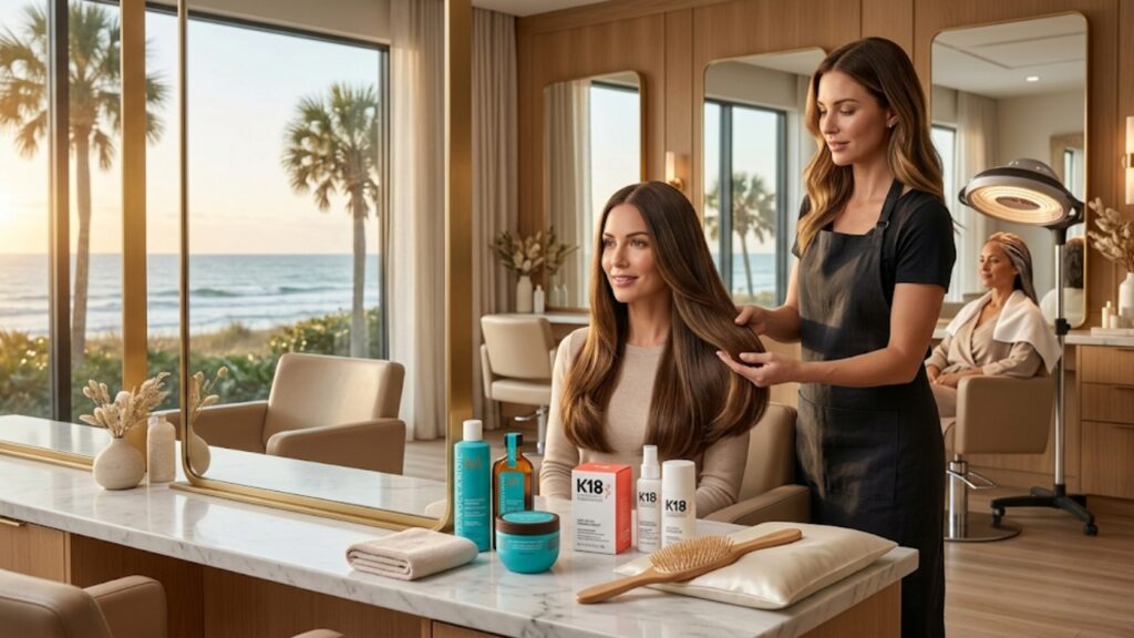 Professional hairstylist providing winter hair care treatment to a client with healthy, hydrated hair in a luxury coastal salon.
