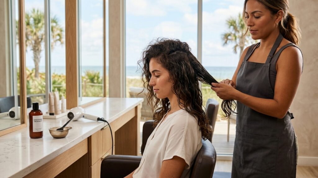 Professional hairstylist applying anti-frizz smoothing treatment to wavy hair in a coastal Florida salon overlooking the ocean
