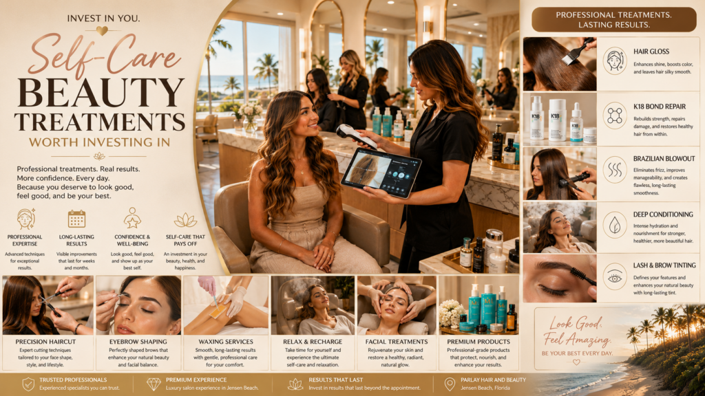 Luxury beauty treatments worth investing in at Parlay Hair and Beauty salon in Jensen Beach, Florida, showcasing premium hair, skincare, brow, lash, waxing, and conditioning services.