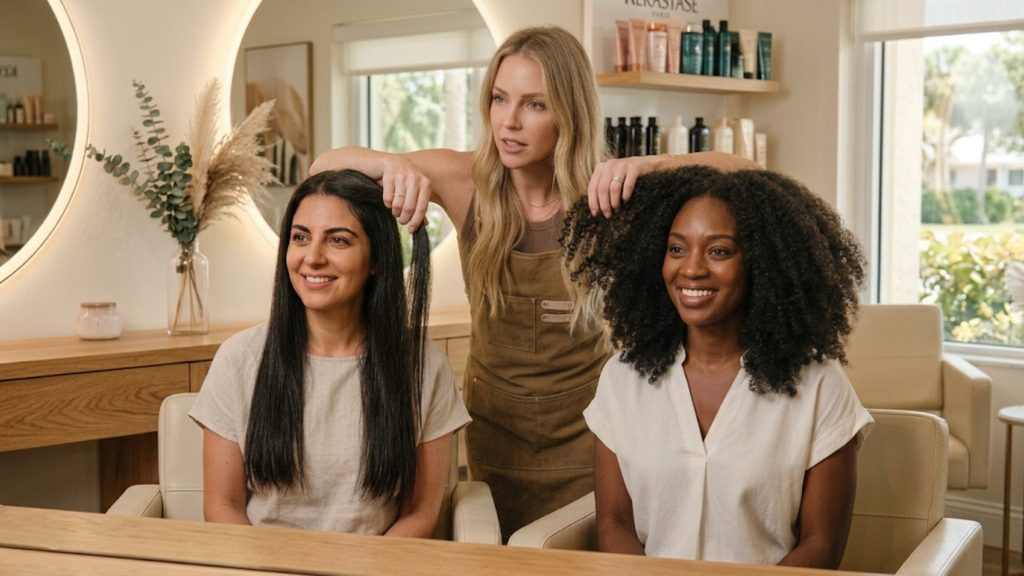 A professional hairstylist with blonde hair, wearing a brown apron, stands between two smiling female clients in a modern, well-lit salon. She has her hands on the hair of both women, demonstrating the difference in hair texture: one woman has long, straight dark hair, and the other has a voluminous afro of dark curls. The salon background features warm wood accents and circular mirrors.