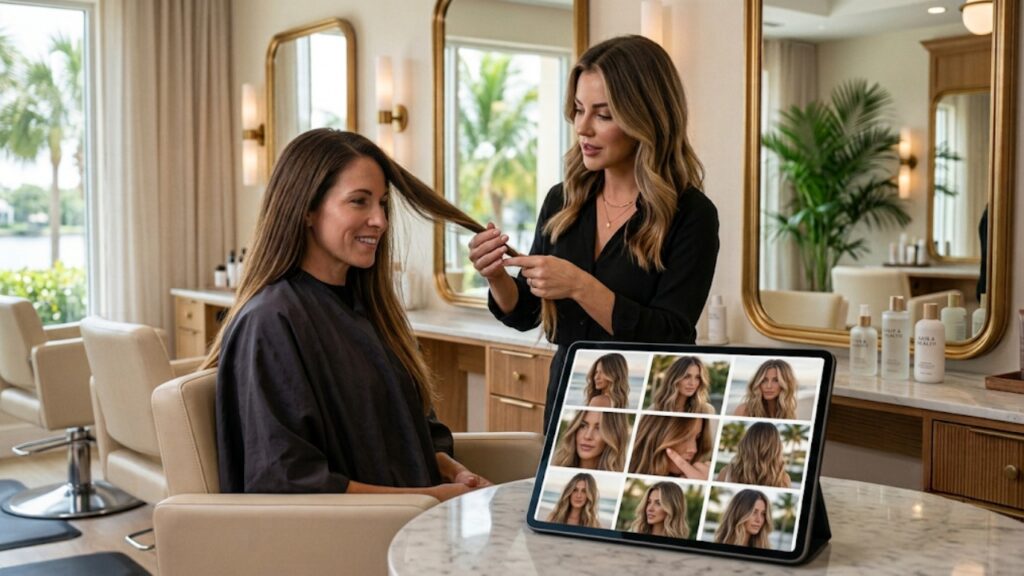 Female hairstylist applying balayage color treatment to client's hair during a consultation in a luxury salon, with a digital tablet displaying reference photos in the foreground