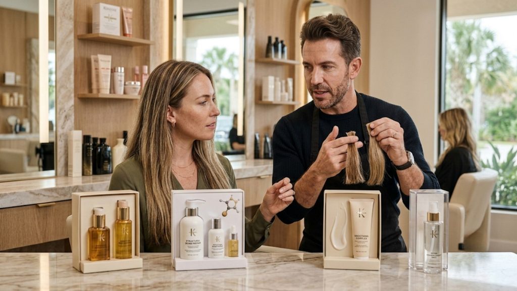 Hair stylist discussing hair extensions with a woman in a professional salon, with hair care products displayed in the foreground.