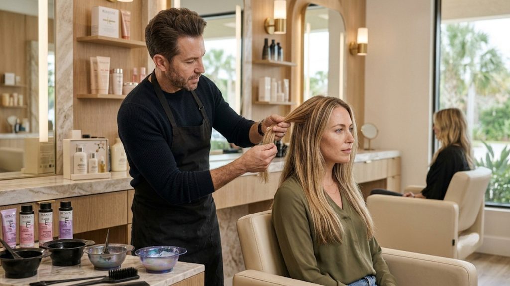 Hair stylist sectioning a woman's hair during a professional salon hair treatment.