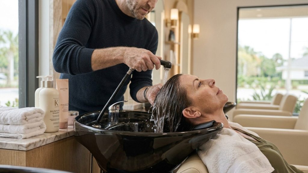 Hairstylist washing a woman's hair at a professional salon