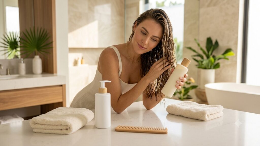Woman in a bright luxury bathroom applying hair conditioner to her damp hair, leaning over a marble vanity with towels and hair care products.
