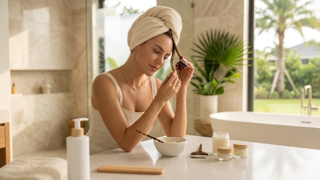 Woman with her hair wrapped in a towel turban applying a deep conditioning hair mask with a brush at a marble vanity in a luxury bathroom.