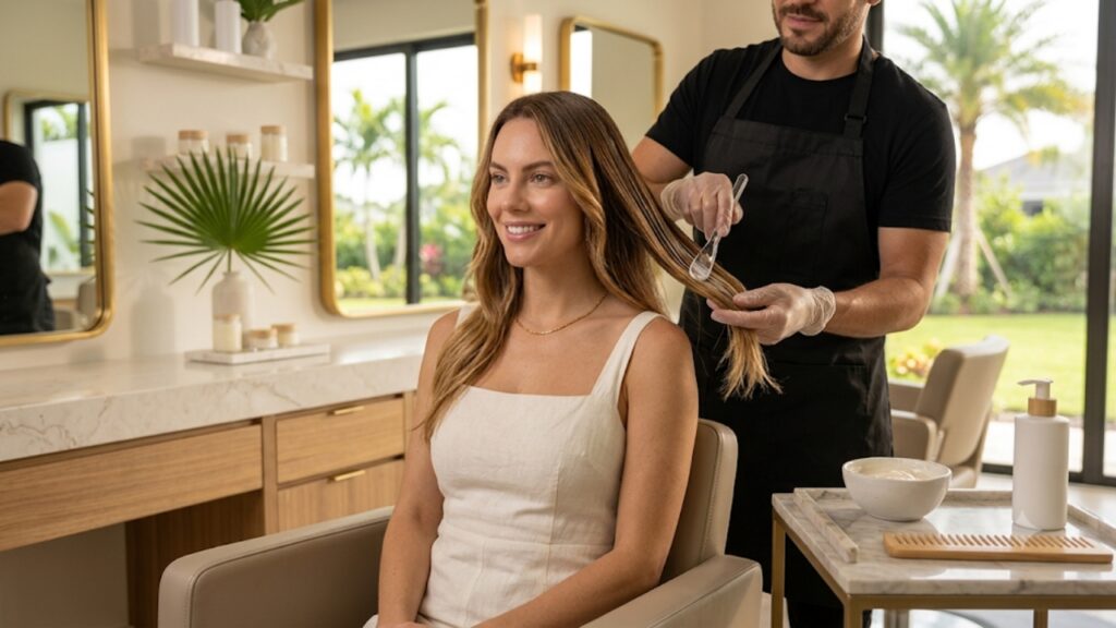 Professional hairstylist applying a glossing hair treatment to a woman's balayage hair in a luxury modern salon.