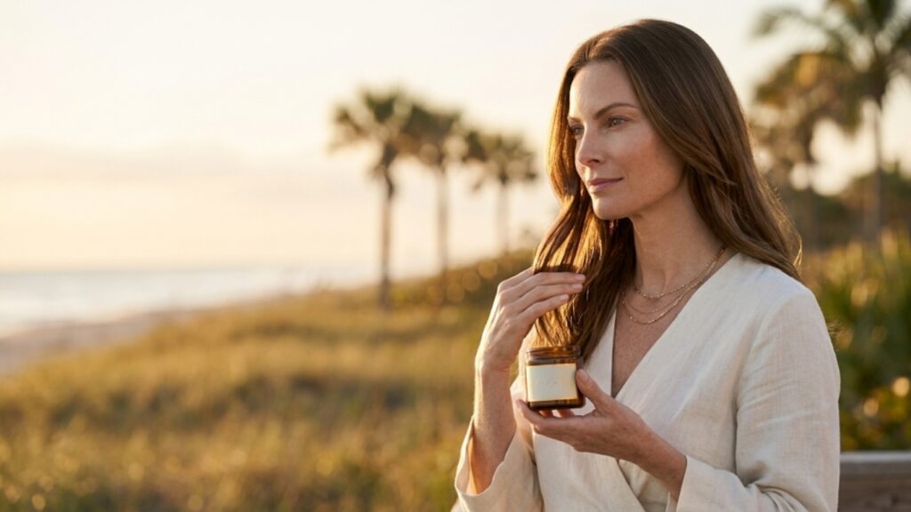 An elegant woman holding a nourishing hair treatment jar while applying protective serum to her glossy hair along the Jensen Beach coast at sunset.