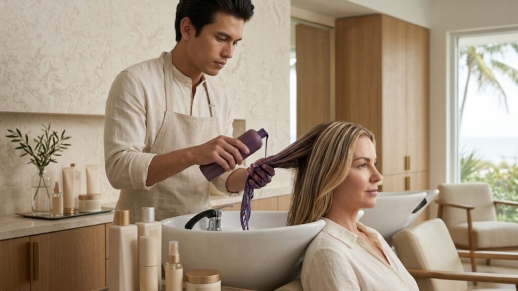 Hairstylist applying purple toning shampoo to blonde highlights at a salon wash basin