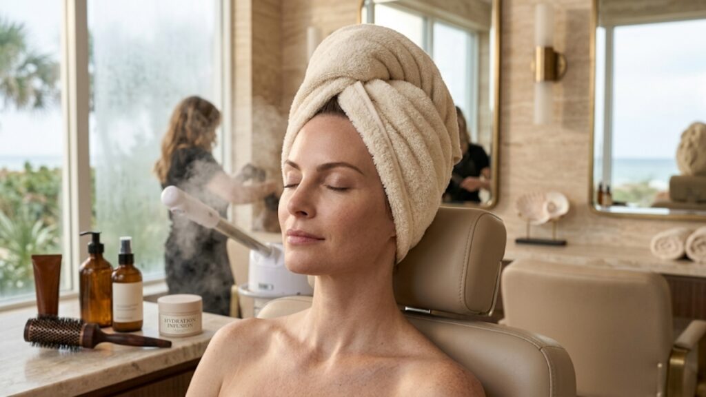 A woman relaxing with eyes closed and a soft towel wrapped around her hair during a deep hydration steam treatment at a luxury salon.