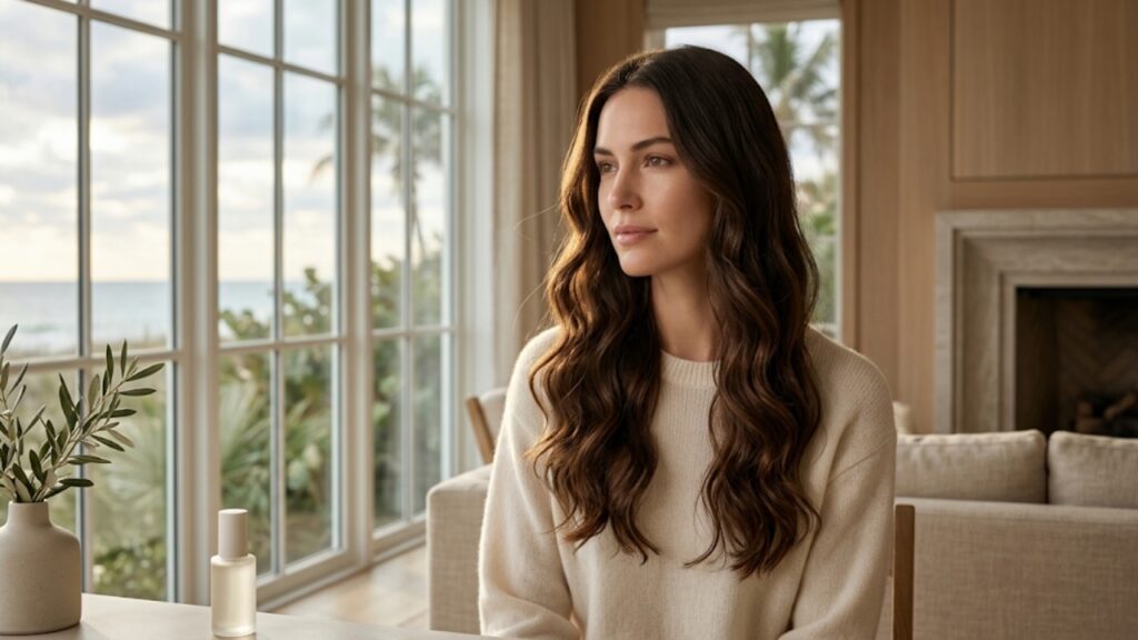 Woman with long healthy wavy brown hair sitting near a window overlooking the ocean