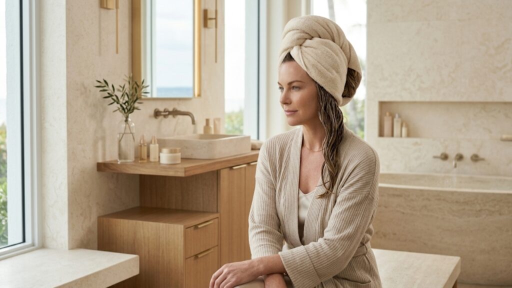 Woman in a knit robe with damp hair wrapped in a towel turban sitting in a luxury spa bathroom