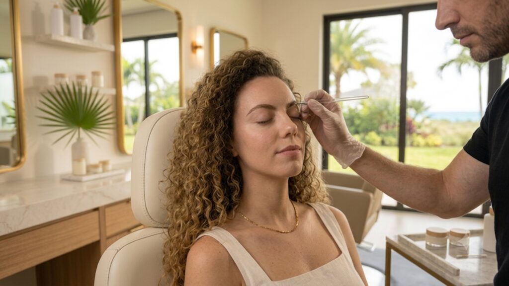 Beauty specialist applying a precise eyebrow tinting treatment to a woman with curly hair in an upscale salon.