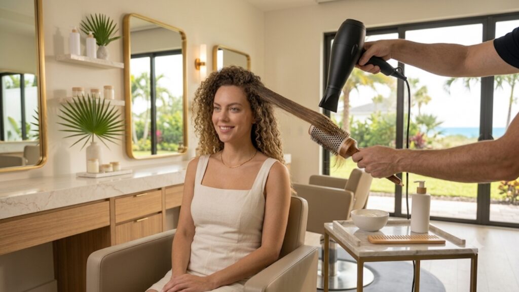 Hairstylist performing a professional blowout on a woman's curly hair using a round brush and blow dryer in a luxury modern salon.