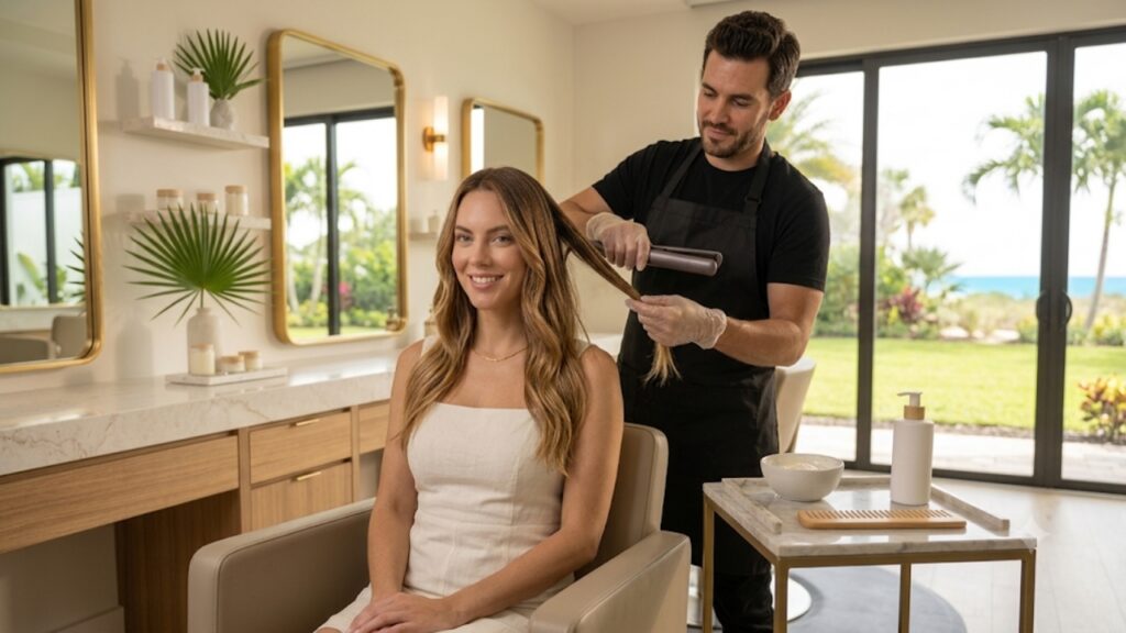 Professional hairstylist using a flat iron on a smiling client's hair during a smoothing treatment in a luxury salon.