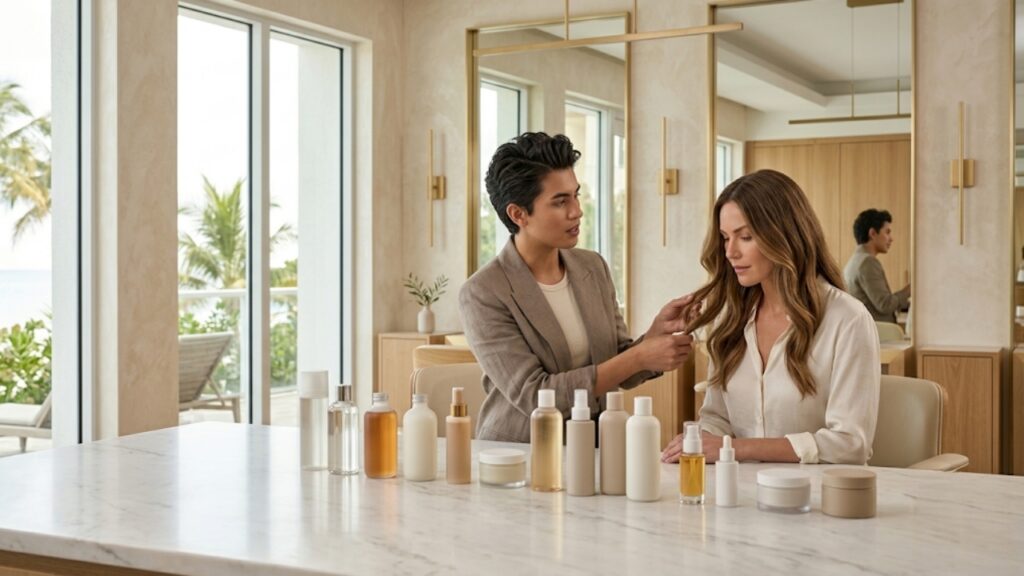 Hairstylist pointing to bottles of premium hair products while explaining to a client on a marble counter