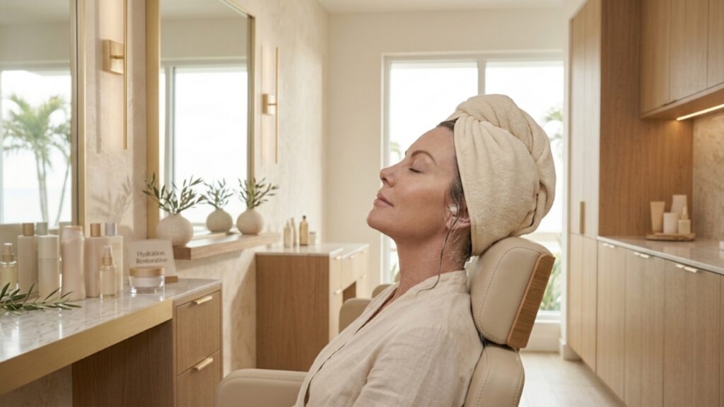 Woman relaxing in a salon chair with wet hair wrapped in a warm towel during a deep conditioning treatment