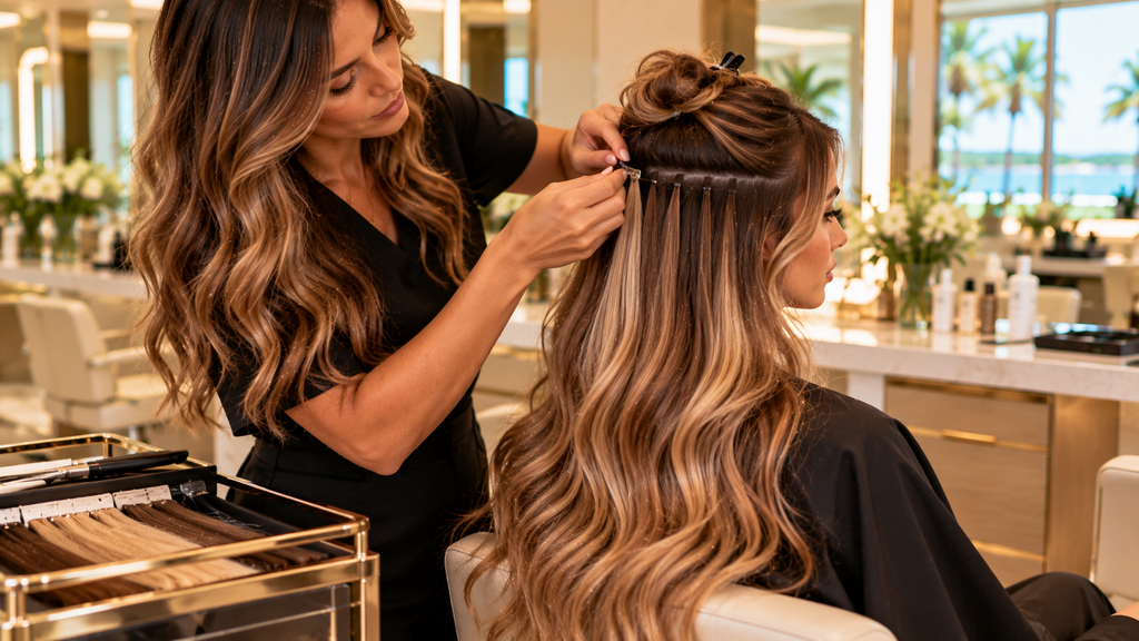 Professional hairstylist installing seamless hair extensions on a woman in a luxury salon in Jensen Beach, Florida.