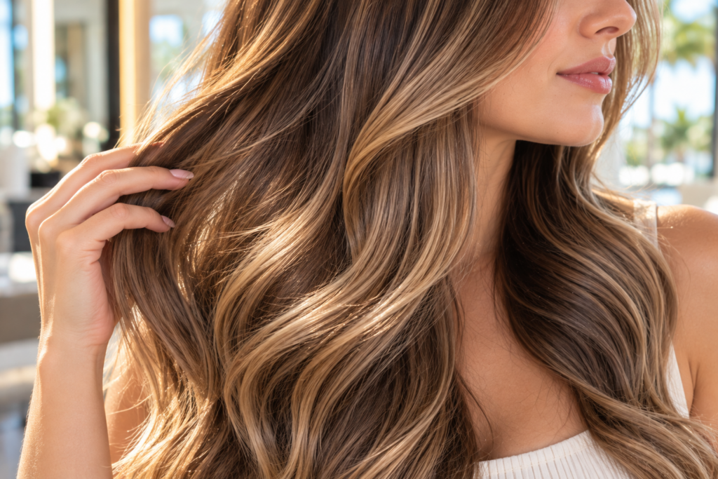 Close-up of healthy, glossy brown hair with caramel balayage highlights and soft waves in natural light.