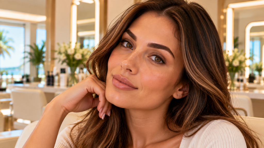 Woman showing naturally defined eyebrows and darker lashes after a professional brow and lash tint in a luxury Jensen Beach salon.