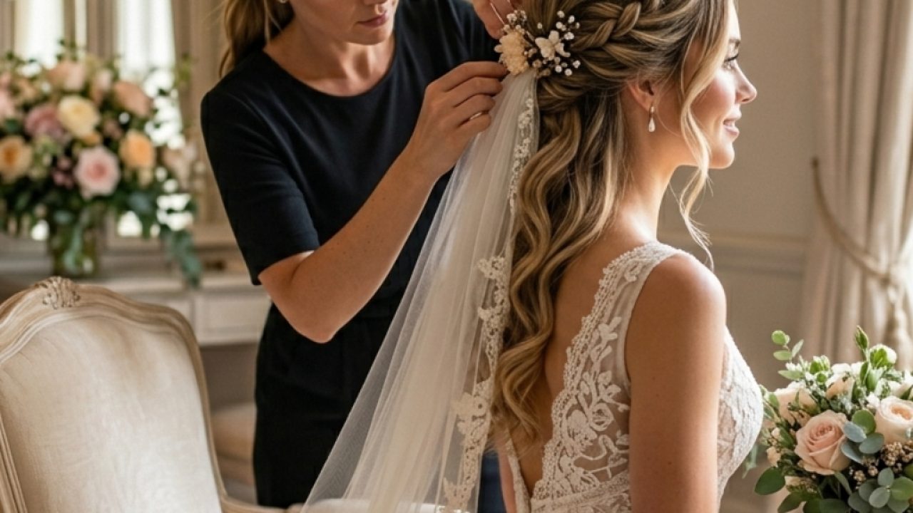 Bridal Hair Styling and Veil Placement Stylist creating bridal updo hairstyle and securing veil for bride indoors