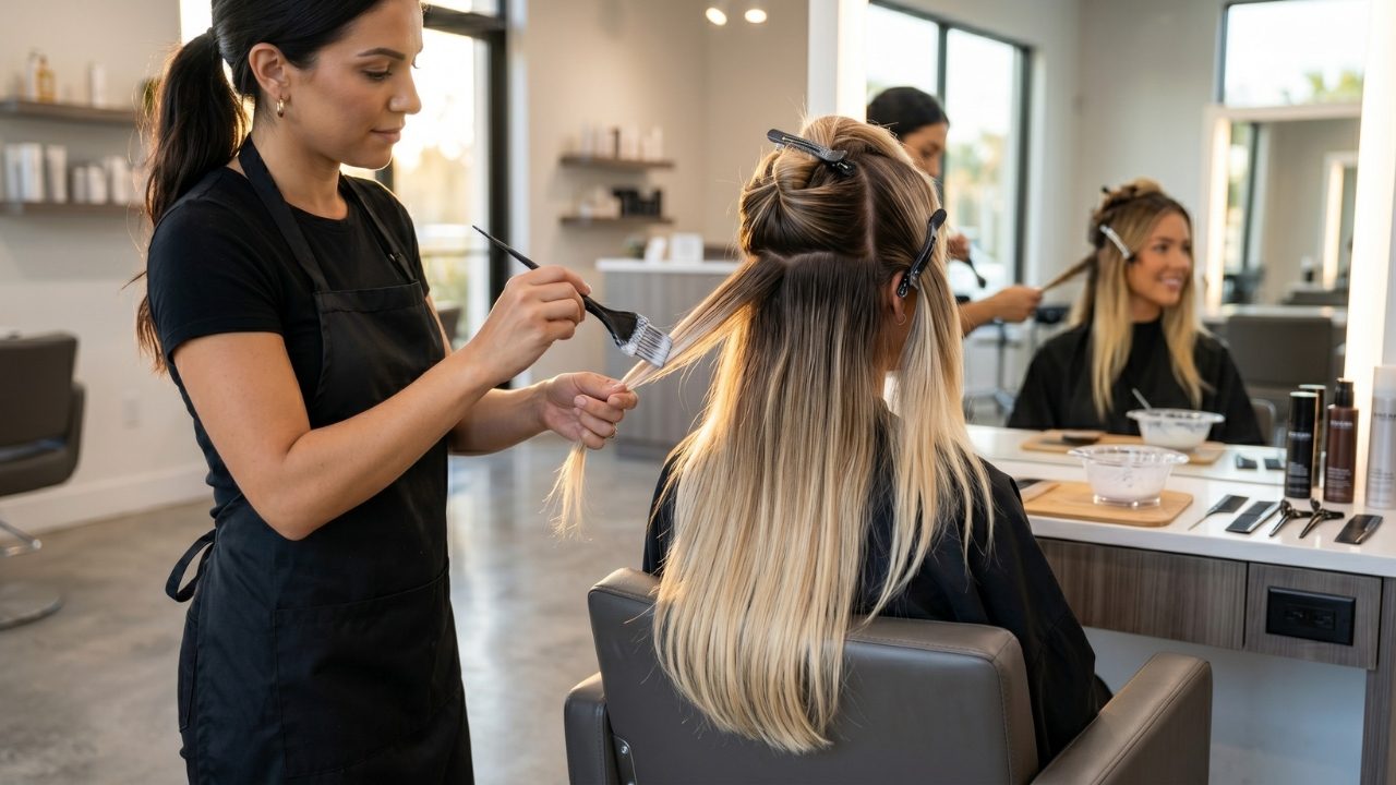 Professional Ombre Hair Styling Hair stylist creating a blonde ombre hair transformation in salon