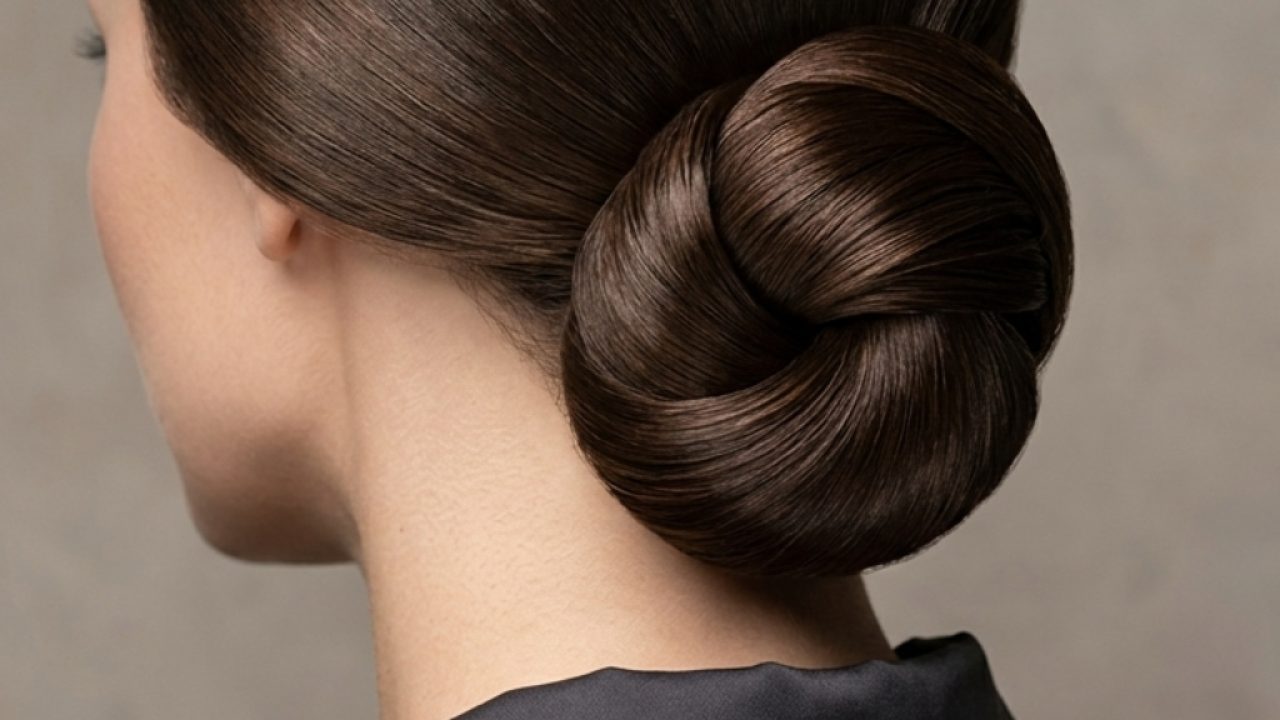 Classic Sleek Low Bun Hairstyle Sleek low bun hairstyle with smooth polished finish viewed from the back