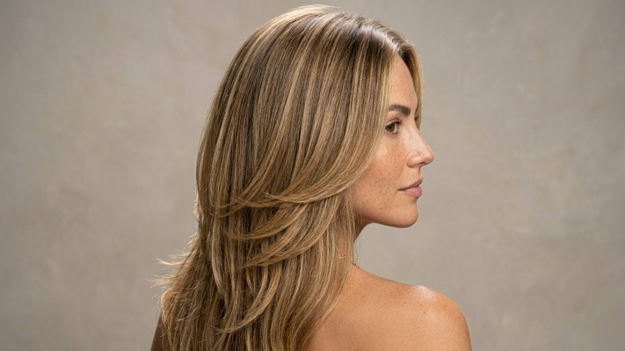 woman with layered haircut and smooth styled hair showing volume and healthy shine