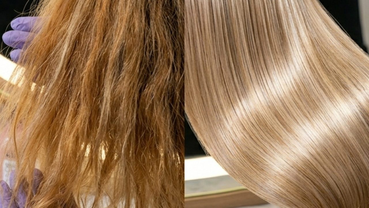Hair color correction process close-up removing orange and yellow tones