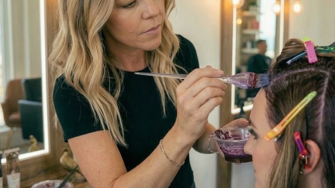Hair color stylist applying highlights with foil to client at Parlay Hair & Beauty in Jensen Beach Florida