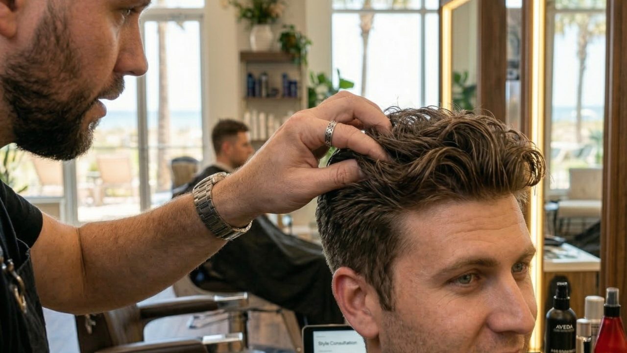 Men's haircut consultation and styling in Jensen Beach Florida at Parlay Hair & Beauty salon
