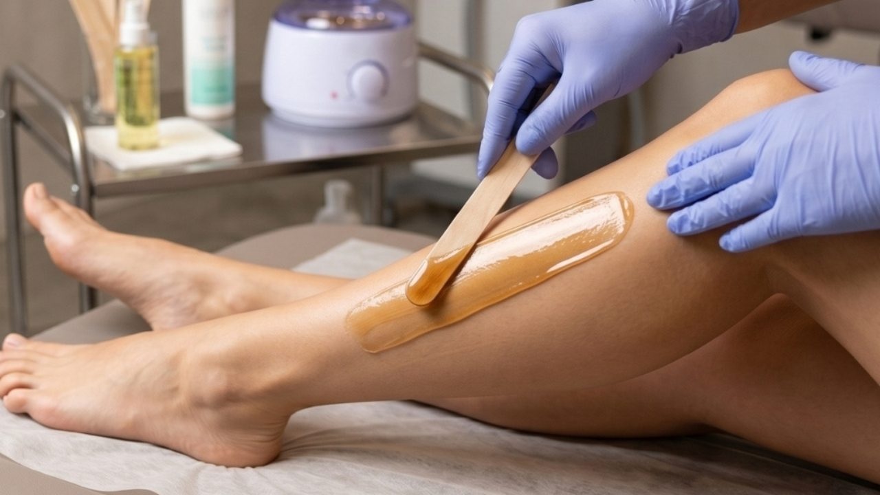 Leg Waxing Treatment for Smooth Skin Professional waxing treatment on legs with therapist applying wax for smooth hair removal